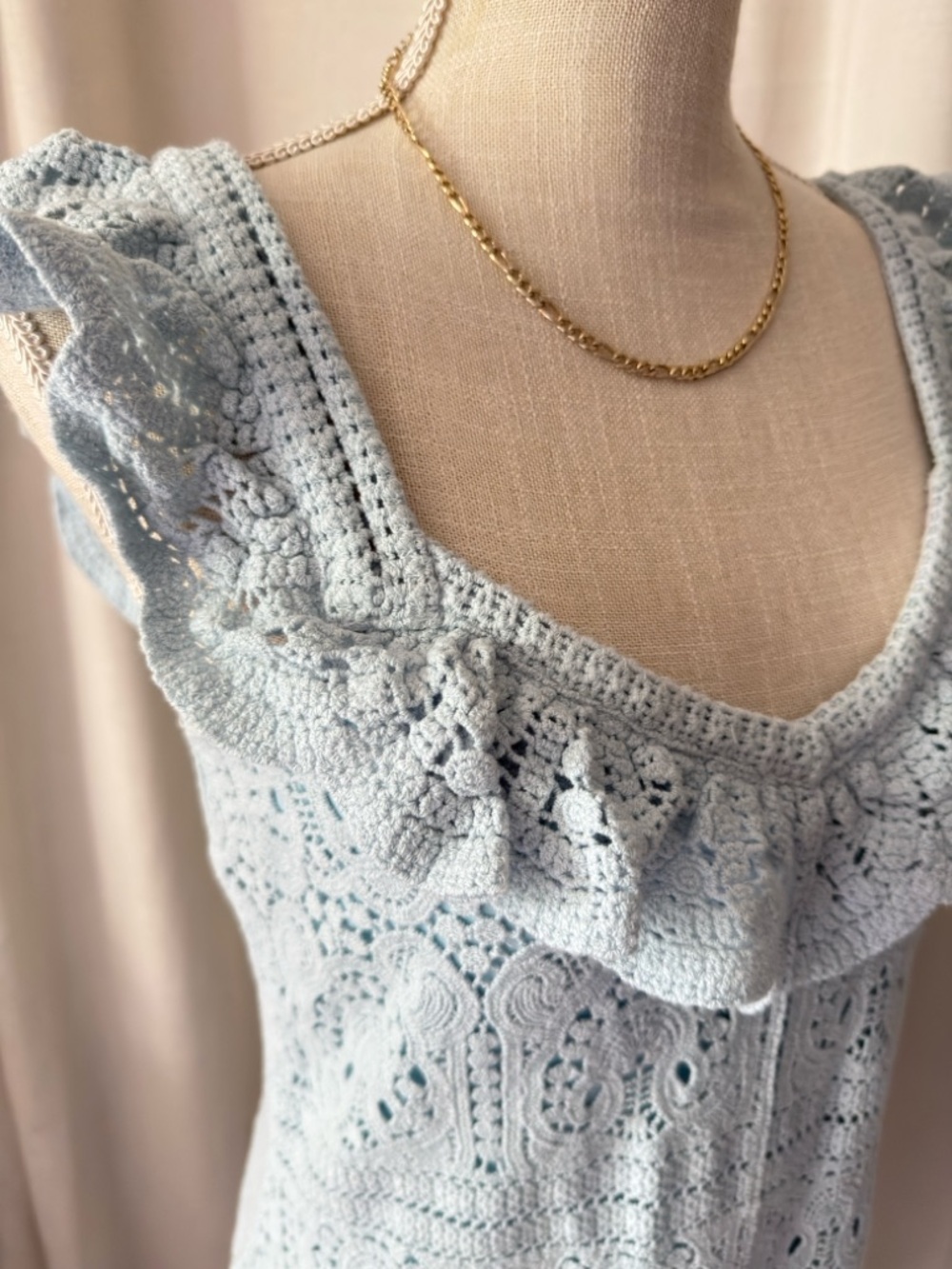 Light Blue Crochet Ruffle Spring Summer Dress - Picture 3 of 6